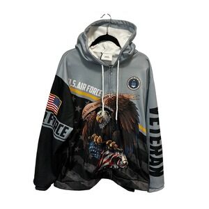US Air Force Veteran Eagle Flag Full Zip Hoodie Men's 3XL Gray Black